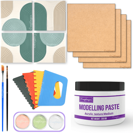 Craftinger Texture Art Kit - 8" Square MDF Bases (Set of 4), Texturing Scrapers, 200gm Modelling Paste, 3 Acrylic Colors, 2 Paint Brushes - DIY Textured Art for Home Decor & Craft Projects