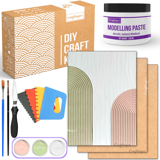 Craftinger Large Texture Art Kit 14 x 12 Inch MDF Bases (Set of 2), 4 Texturing Scrapers, 200gm Modelling Paste and More DIY Textured Art for Home Decor & Craft Project