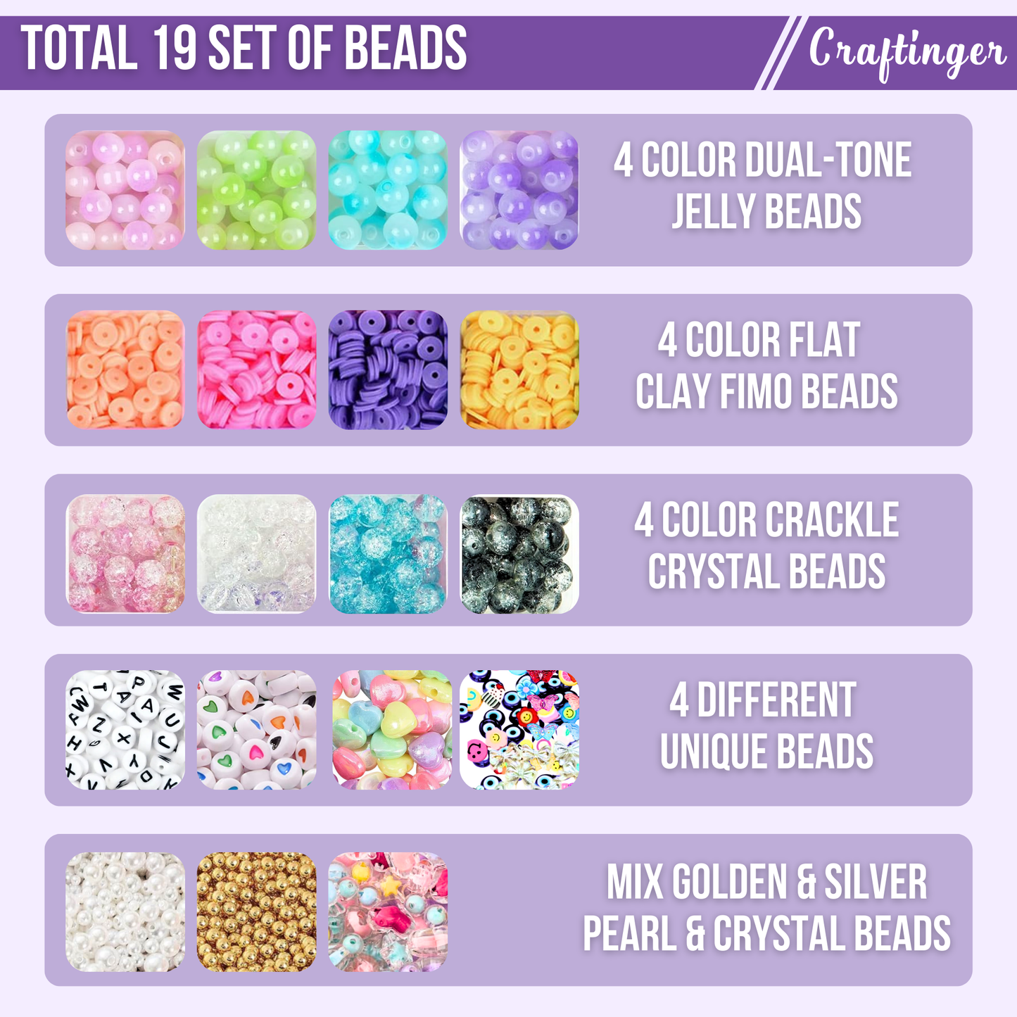 Craftinger Multi Beads for Jewellery Making Kit, Colorful Beads Set for Kids DIY Craft Bracelet Necklace Making, Activity Games for Girls Age 6-12 Years Old